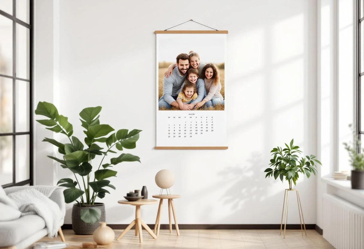 Nástenný fotokalendár s rodinnou fotografiou, zavesený na stene doma